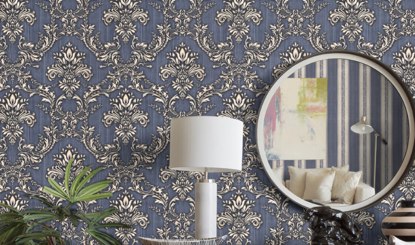 Orient Ethnic - Navy & Silver Wallpaper