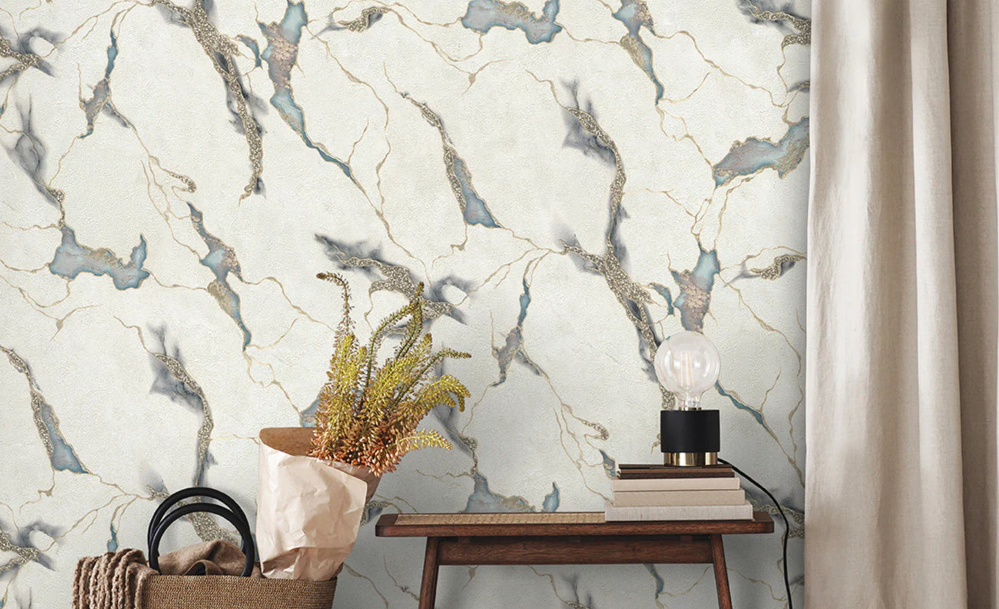 Odessa Marble - Cream, Gold & Sky Blue Wallpaper