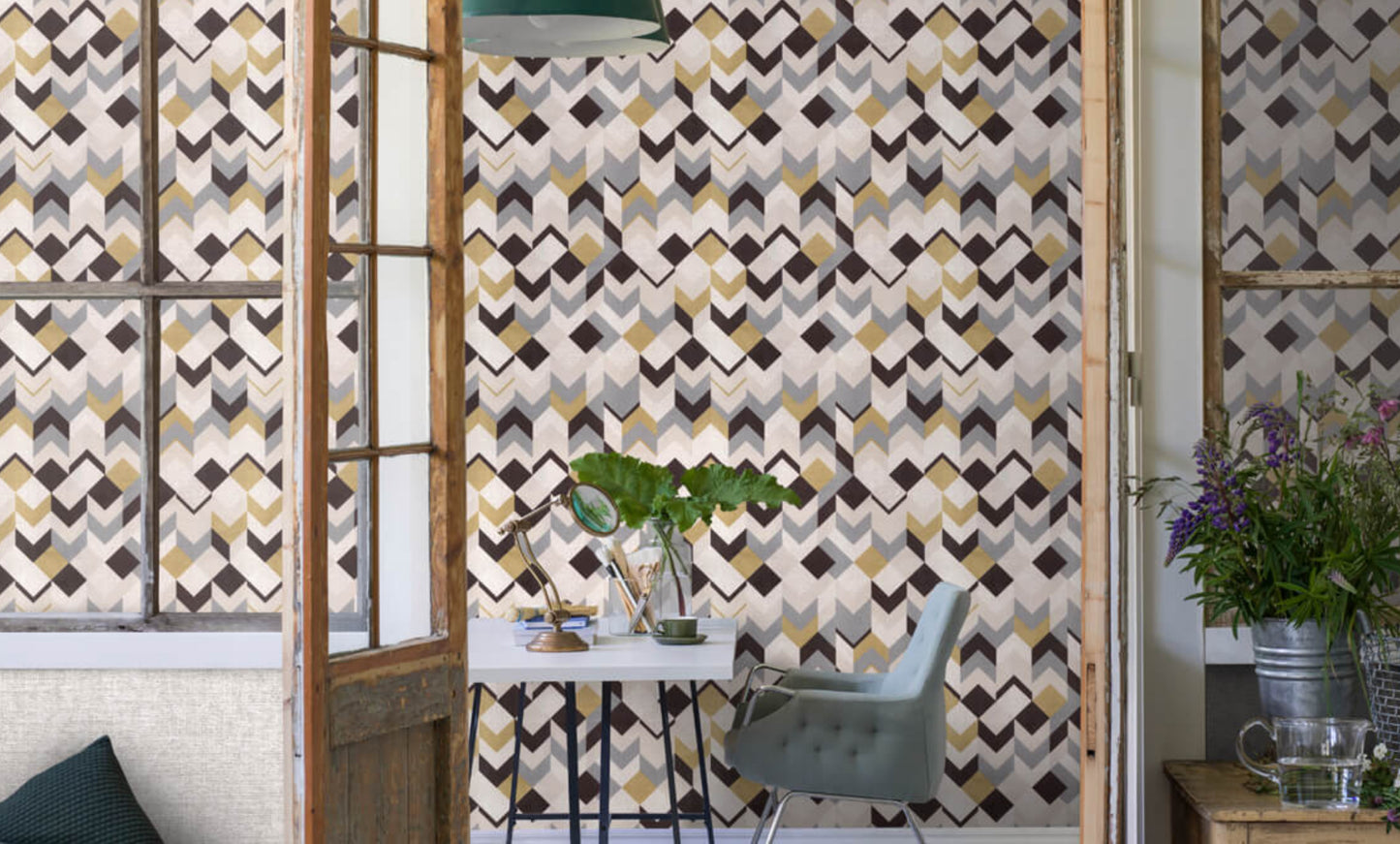 Maki Geometric - Gold, Gray, Cream & Silver Wallpaper