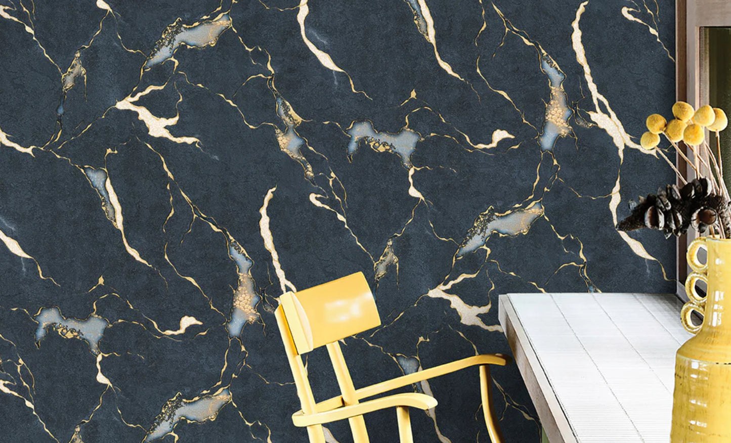 Odessa Marble - Navy Blue, Gold & White Wallpaper