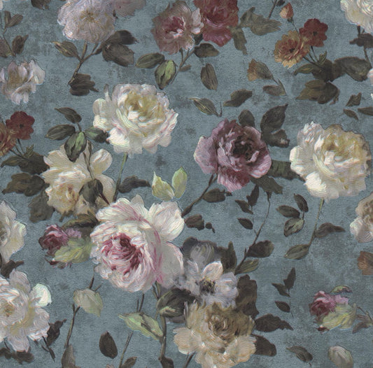 Orient Floral - Rose Blue Background Wallpaper