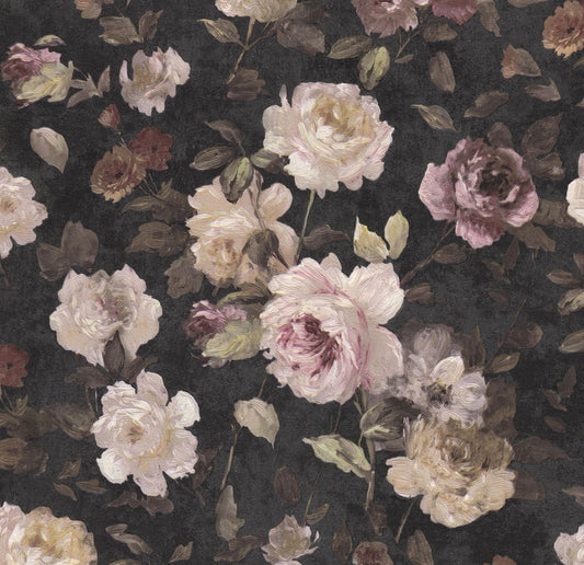 Orient Floral - Rose Dark Brown Background Wallpaper